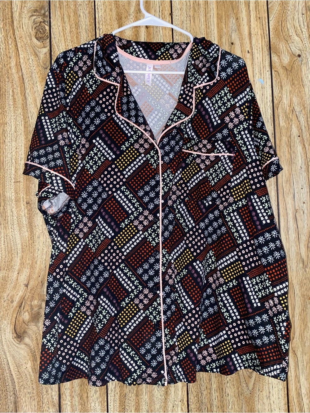 Black Patchwork Print Button-Up Top with Pink Piping pajama set